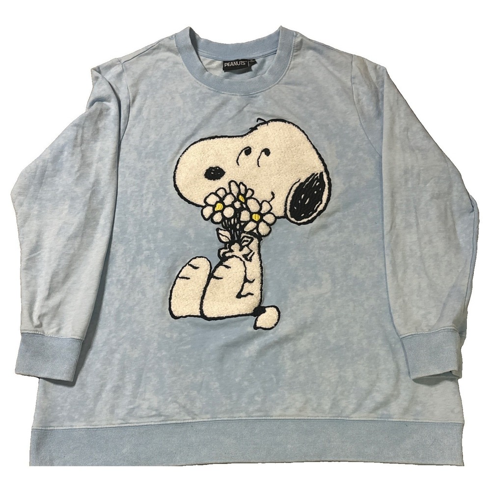 Classic Snoopy With Daisies Powder, Blue Peanuts, Crew Sweatshirt, Size 1X